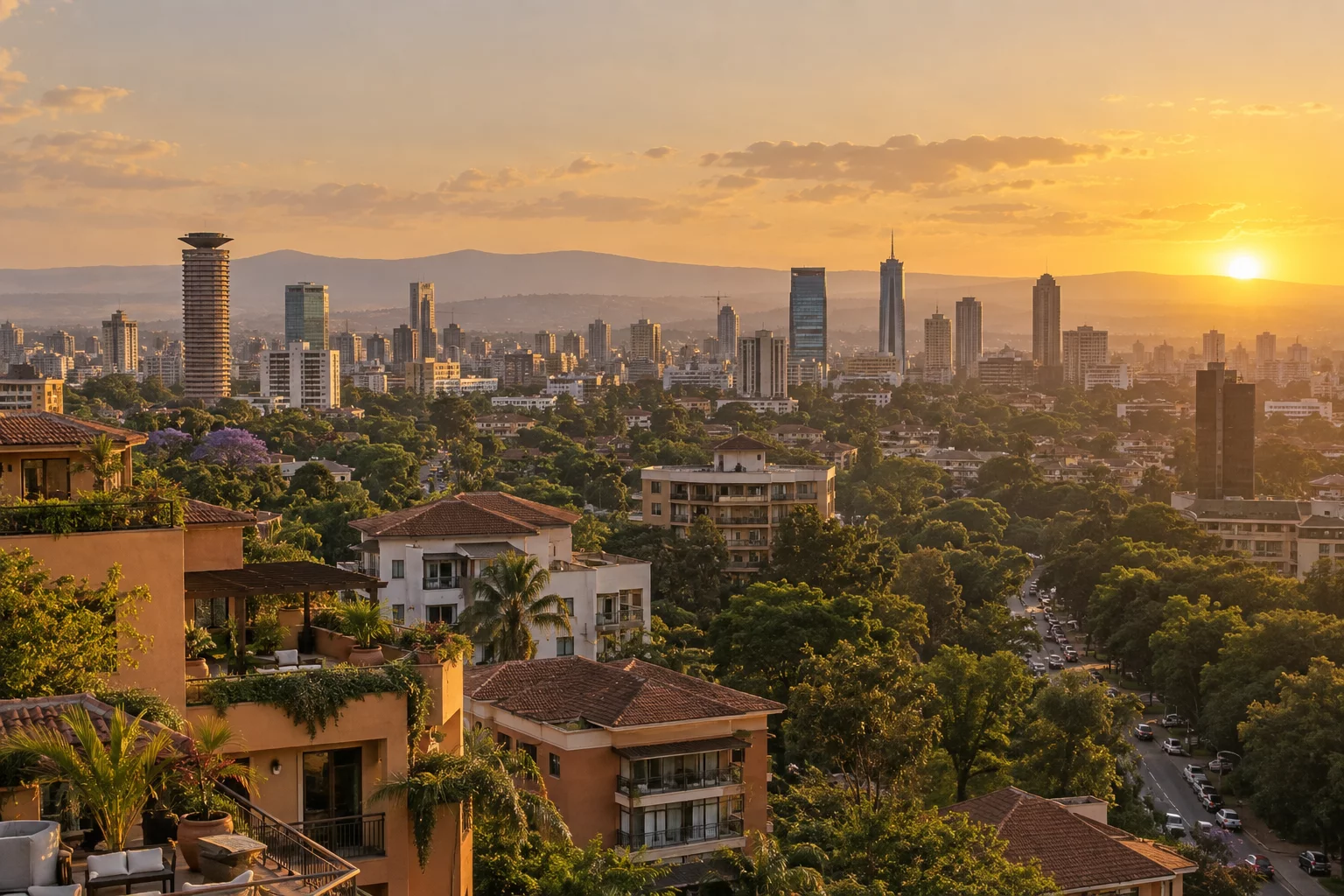 A sunlit Nairobi-inspired skyline with modern towers, green trees and warm rooftops